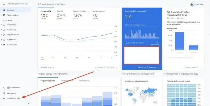 Google Analytics adminisztrációs gomb